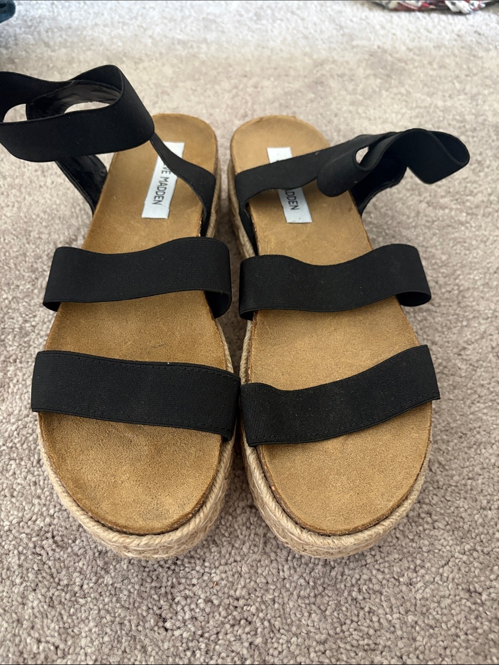 Steve Madden Black Elastic Espadrille Platform Sandal - Tan Footbed
